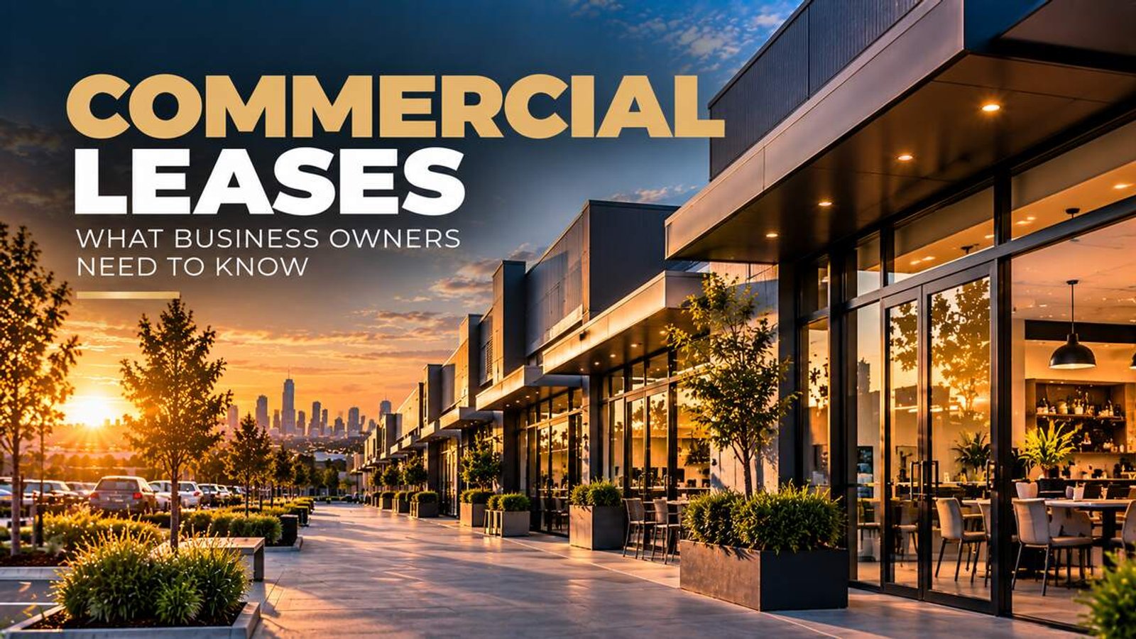 Title card reading commercial leases, what business owners need to know, over a row of commercial premises at sunset